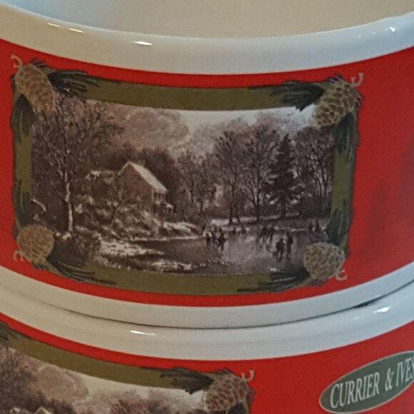 Currier and Ives Stackable Soup Mugs Houston Harvest SET of 2 Red Winter Scene - Picture 2 of 8